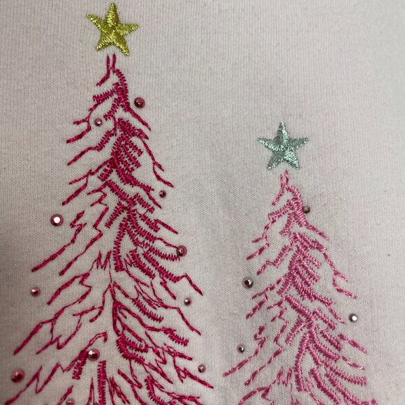 Christmas Sweatshirt Pink Embroidered Trees Women Size Small Festive Holiday Top - Picture 12 of 12